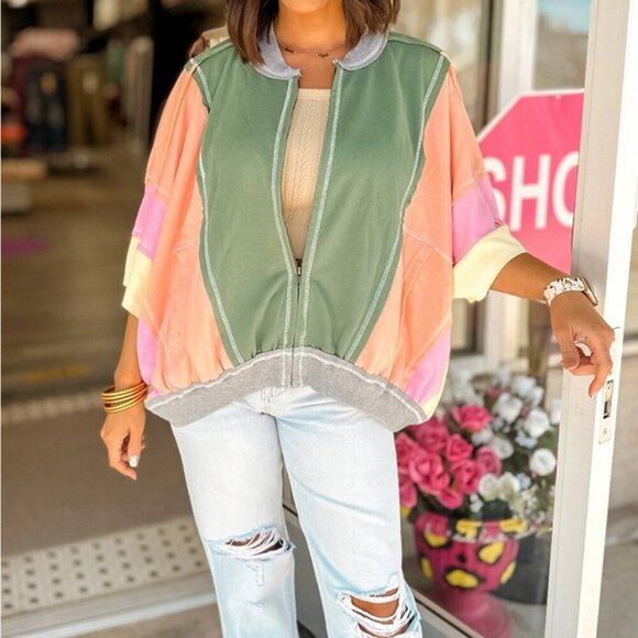BiBi Oversized Colorblock Green Pink Yellow Orange Full Zip Jacket Women’s 1X - Picture 1 of 8